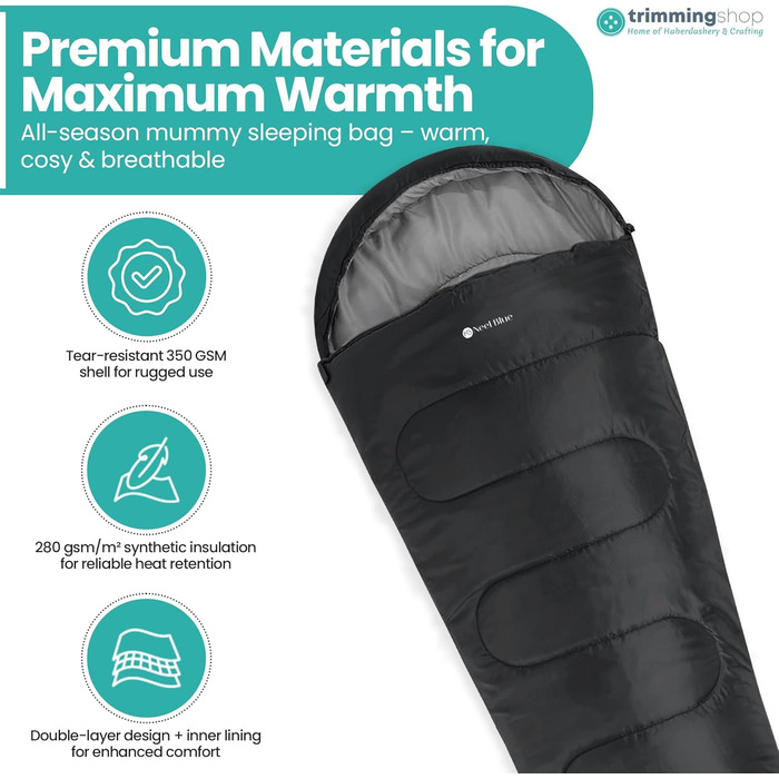 Спальний мішок Mumienschlafsack для дорослих - легкий, компактний, водонепроникний з капюшоном, 220x85 см. Підходить для кемпінгу, походів та подорожей (Чорний)