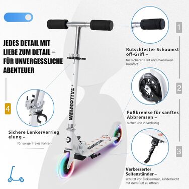 Самокат дитячий Roller 2-колісний, складаний, з LED-підсвічуванням коліс, регульована висота (3 положення), білий, для хлопчиків та дівчаток 3-12 років