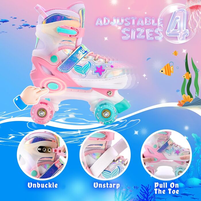 Роликові ковзани SULIFEEL для дівчаток та дітей з підсвічуванням, регульовані, 4 розміри, для малюків та початківців (Рожеві, S (28-31))