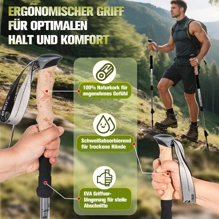 Телескопічні палиці для скандинавської ходьби Nordic Walking з корковими ручками, алюмінієві регульовані палиці для хайкінгу та прогулянок, 62–135 см, чорні (Upgrade 2025)