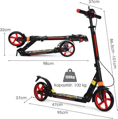 Скутер DREAMADE з алюмінію з колесами 200 мм PU, міський ролер з подвійною підвіскою та ременем, складаний та регульований за висотою для дорослих, підлітків та дітей від 8 років, чорний