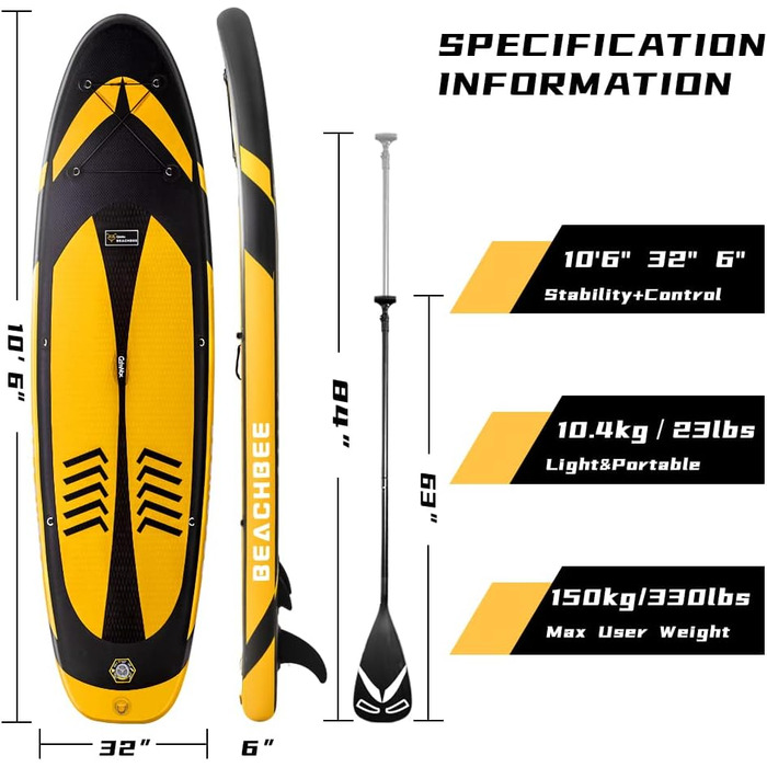 Надувне SUP-борд CalmMax 320x76x15 см, 10.6' (до 150 кг) з комплектом: весло, насос, аксесуари. Підходить для юнаків та дорослих, жовтий