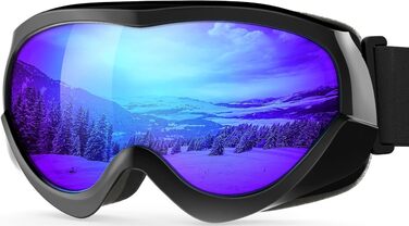 Дитяча лижна маска OutdoorMaster з UV-захистом, сумісна з шоломом, чорна оправа, REVO-синя лінза VLT 15%