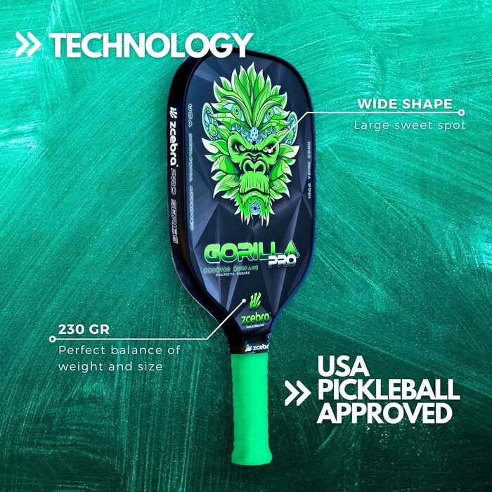 Професійна ракетка для піклболу ZCEBRA Gorilla Pro Green з графіту та карбону, поліпропіленовий стільниковий сердечник 16 мм, текстурована поверхня, у комплекті чохол