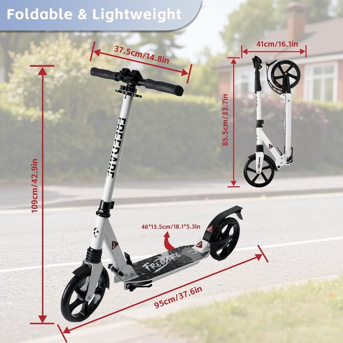 Міський трюковий ролер FREEDARE Cityroller для дітей та дорослих, складний, колеса 200 мм, регулювання висоти, до 100 кг, білий