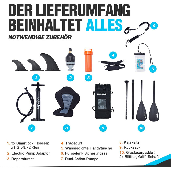 Надувний SUP Борд Zupapa 320/366см з аксесуарами | Stand Up Paddle Board з сидінням для каяка | Чорно-сірий-білий