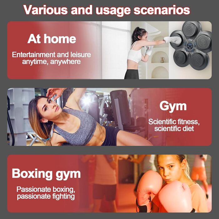 Музична боксерська машина Forhome з LED-підсвіткою та рукавичками, 9 режимів швидкості, Bluetooth, великий розмір, для дому та спортзалу (чорний)