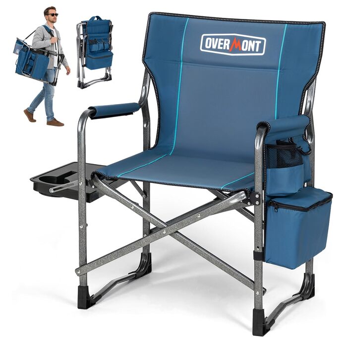 Крісло для кемпінгу OVERMONT: складне, регульоване, з бічним столиком та сумкою-холодильником. До 180 кг, блудно-сірий колір