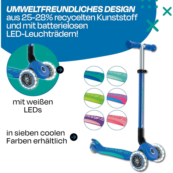 Дитячий самокат GLOBBER Primo Foldable Plus Lights, 3-колісний, з LED колесами, регульована висота, для дітей від 3 років