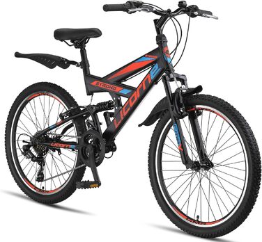 Гірський велосипед Licorne Bike PREMIUM Strong V 24 дюйми, 21 швидкість, повна амортизація, чорний/синій/помаранчевий, для хлопців, дівчат, жінок і чоловіків