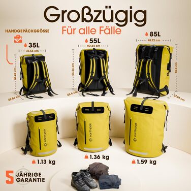 Водонепроникний рюкзак Earth Pak 55L з ролтопом, кишенею на блискавці та IPX8 водонепроникним чохлом для телефону (Жовтий)