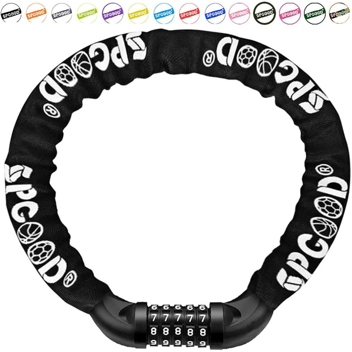 Замок для велосипеда з кодом (14 кольорів), ланцюговий замок, сталевий, висока безпека, A-чорний