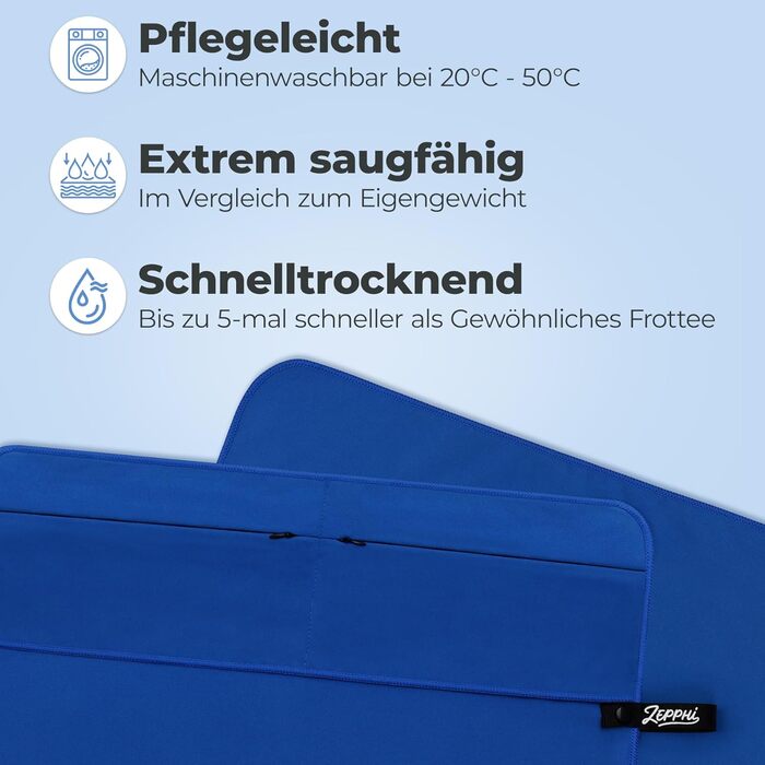 Рушник для фітнесу Zepphi: великий (120x50 см) + маленький (80x30 см) | Мікрофібра, кишеня на блискавці | Швидковисихаючий, для спортзалу та тренувань, блакитний