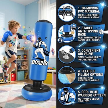 Боксерський мішок надувний для дітей 168 см з рукавичками та насосом, блакитний, з мотивом бійця, для дому, 5-12 років, для Karate та Taekwondo