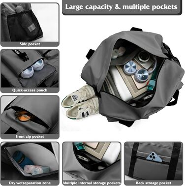 Спортивна сумка для фітнесу та подорожей з відділенням для взуття та вологих речей, водонепроникна сумка-вікендер для залу, плавання та сауни (Сіра)
