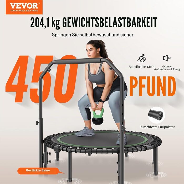 Складаний фітнес-батут VEVOR Rebounder з ручкою, що регулюється по висоті, 1295 мм, витримує до 205 кг, для спорту та тренувань