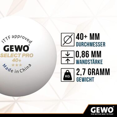 GEWO Select PRO тенісні м'ячі для настільного тенісу 3 зірки, пластикові 40+ мм зшиті, ITTF сертифіковані, білі, професійні, 3 шт.