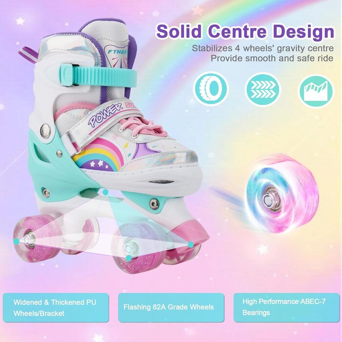 Дитячі ролики Kinder Quad Skates для дівчаток та хлопчиків, регульовані, райдужні з підсвічуванням, для дому та вулиці