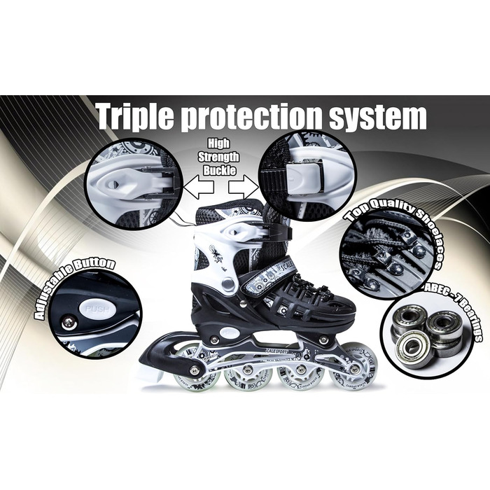 Регульовані роликові ковзани з підсвічуванням коліс для дітей та дорослих – роликові ковзани Inline, чорно-білі