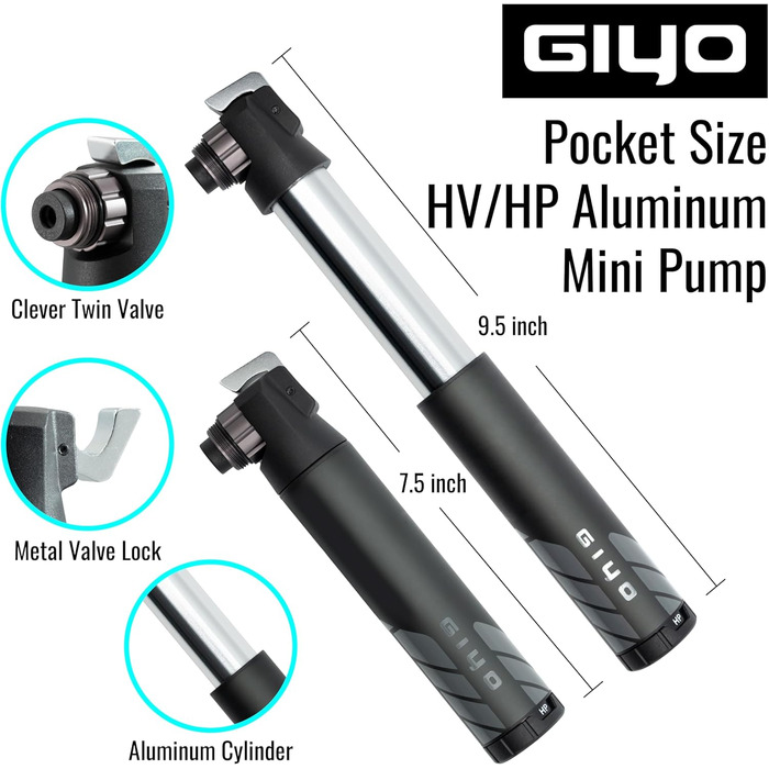 Міні велосипедний насос GIYO GM-45CT, двоступеневий, високий тиск і об’єм 80cc, алюмінієвий, для MTB, клапан Presta/Schrader/Dunlop, кишеньковий, 15,2 см, 30/100 Psi, вага 96,5г