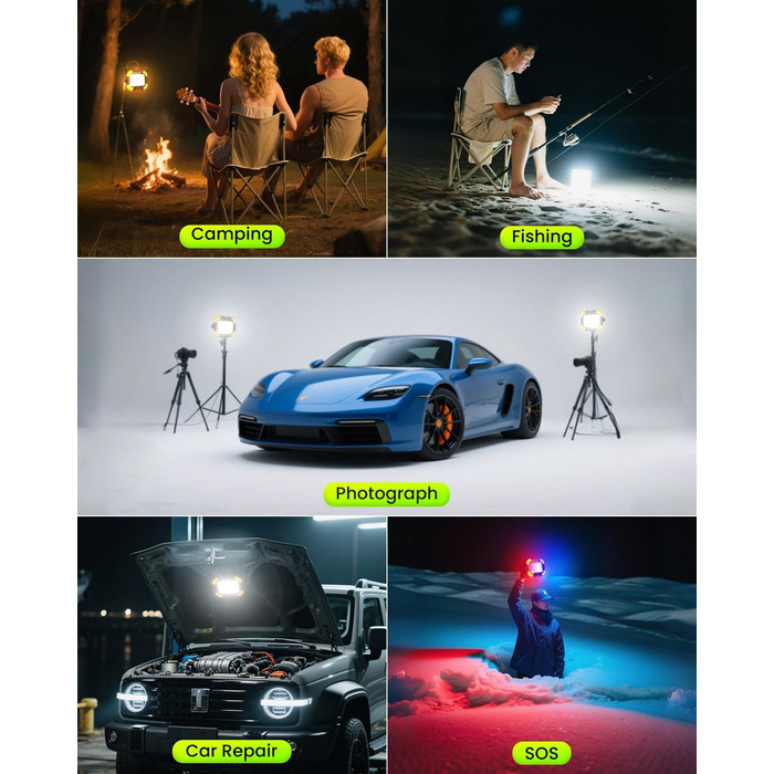 LED прожектор на акумуляторі CLV 200W, 20000mAh, IP66, вологостійкий, 4 режими, 2 рівні яскравості, для кемпінгу, USB, сонячна панель, для будівництва, жовтий