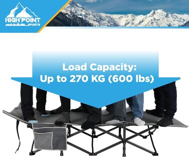 Розкладне ліжко для кемпінгу HIGH POINT SPORTS XXL, 270 кг, стабільне, легке, для дорослих, з сумкою та кишенею, сіре, 190 x 67 x 35 см