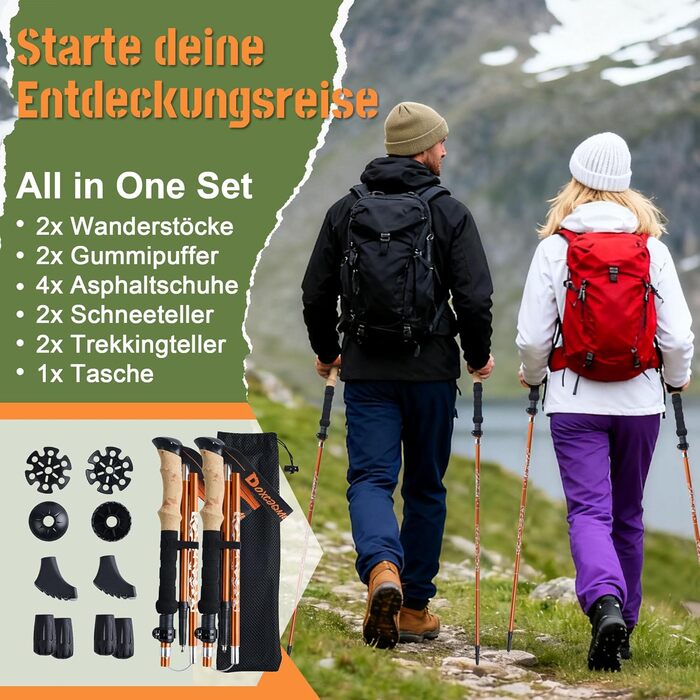 Телескопічні палиці для скандинавської ходьби та трекінгу 2 шт, складані (110-130 см), алюмінієві з гумовими наконечниками та сумкою, помаранчеві