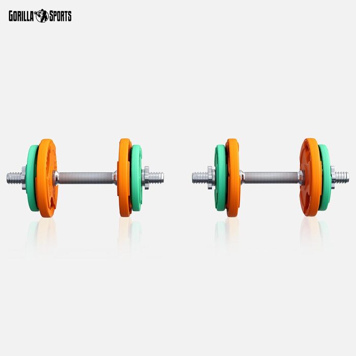 Набір гантелей GORILLA SPORTS® 20 кг (2 шт.) 30 мм, чавун, гумові ручки, ваги 4x1.25 кг / 4x2.5 кг, зірковий/федерний замок, рифлений хват - набір гантелей, короткі гантелі зі зірковими замками