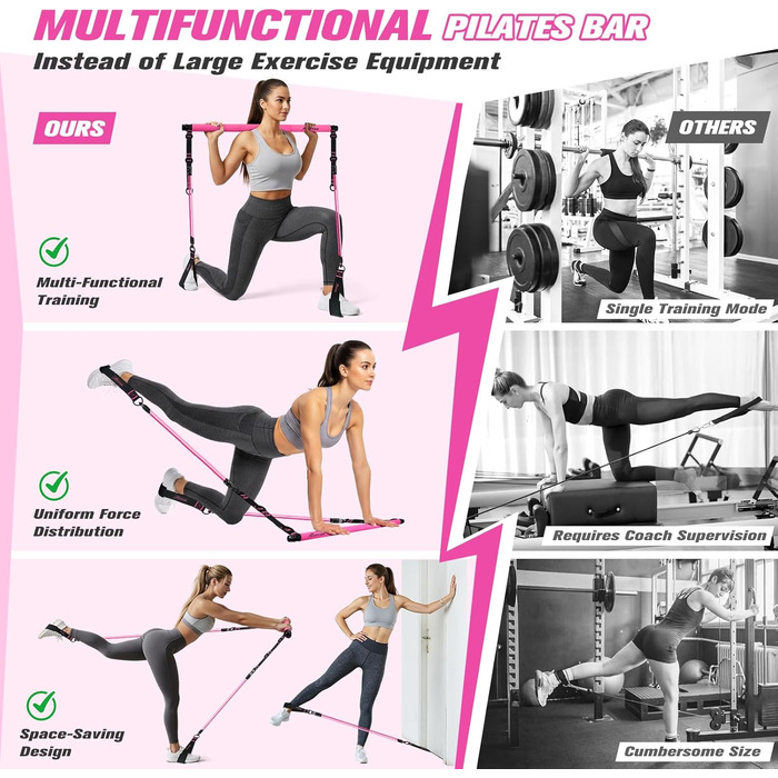 Набір для пілатесу HPYGN з 4 еластичними стрічками, регульоване обладнання для пілатесу для жінок та чоловіків, багатофункціональний набір для фітнесу, стрічки для стегон, ніг, рук, домашній спортзал, йога, силові тренування, розтяжка, рожевий
