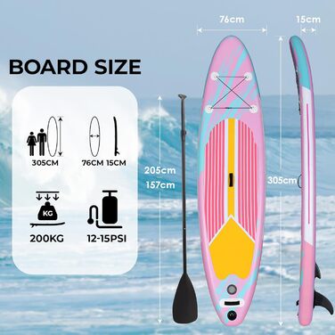 Надувний SUP дошка Stand Up Paddle 305 см для дорослих, рожева. Комплект з аксесуарами, для будь-якого рівня підготовки, вантажопідйомність 200 кг (2 особи)
