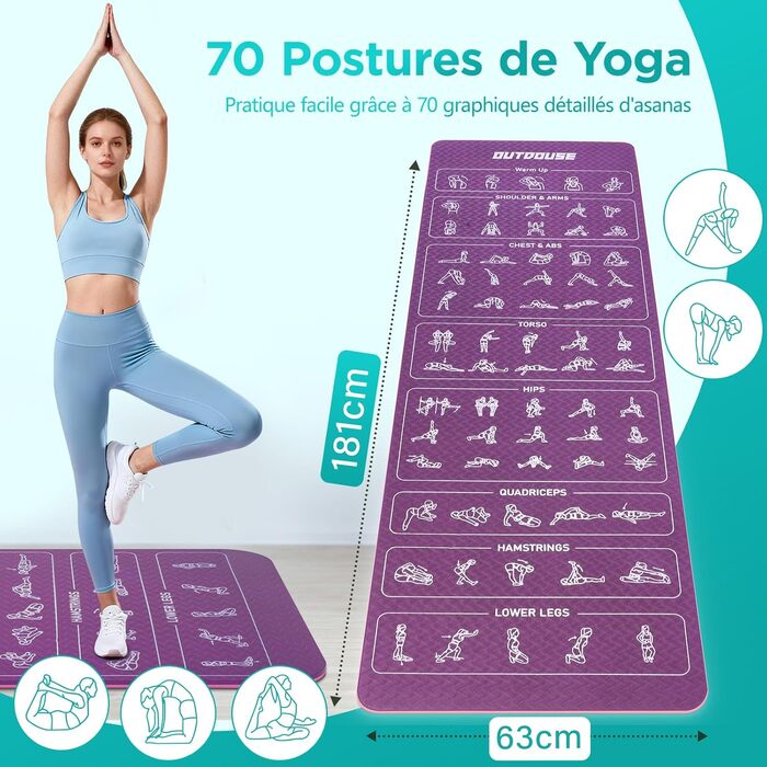 Килимок для йоги Sportmatte – 70 з друкованими позами йоги, неслизький матеріал TPE, для гімнастики, пілатесу, дому та подорожей, фітнес килимок для жінок та чоловіків, 181x63x0,6 см, рожевий та фіолетовий