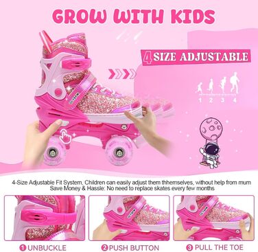 Ролики для дівчаток, 4 розміри, світловідбиваючі, ролики з підсвічуванням, для початківців, подарунок на Новий рік та день народження, S (EU28-31), рожеві