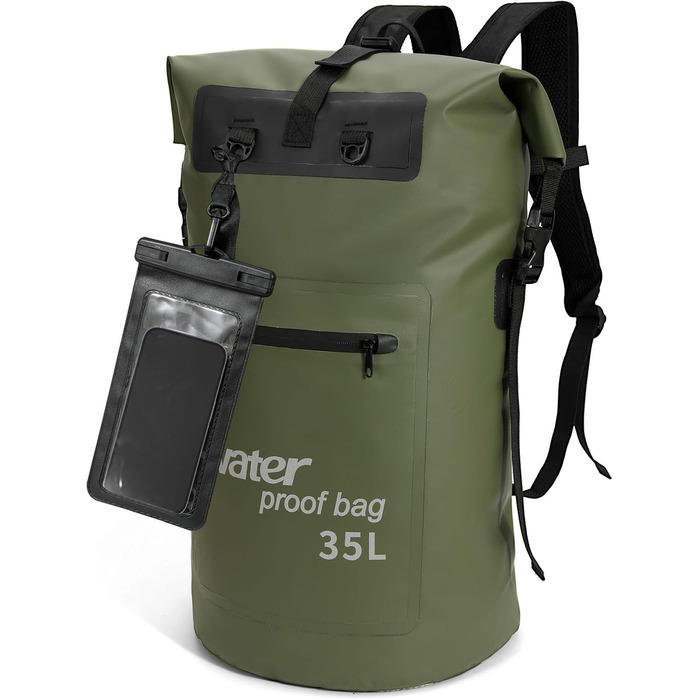Водонепроникний рюкзак WELDUN 35L/50L Rolltop Dry Bag з IPX8 чохлом для телефону, для каякінгу, кану, кемпінгу, трекінгу, піших прогулянок, вітрильного спорту та інших водних видів спорту. Зелений колір.