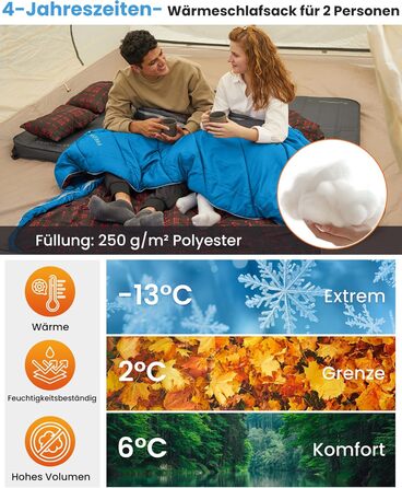Спальний мішок KingCamp для 2 осіб з фланелі, зимовий, теплий, 3-4 сезони, з 2 подушками, для кемпінгу та відпочинку на природі (синьо-блакитний)