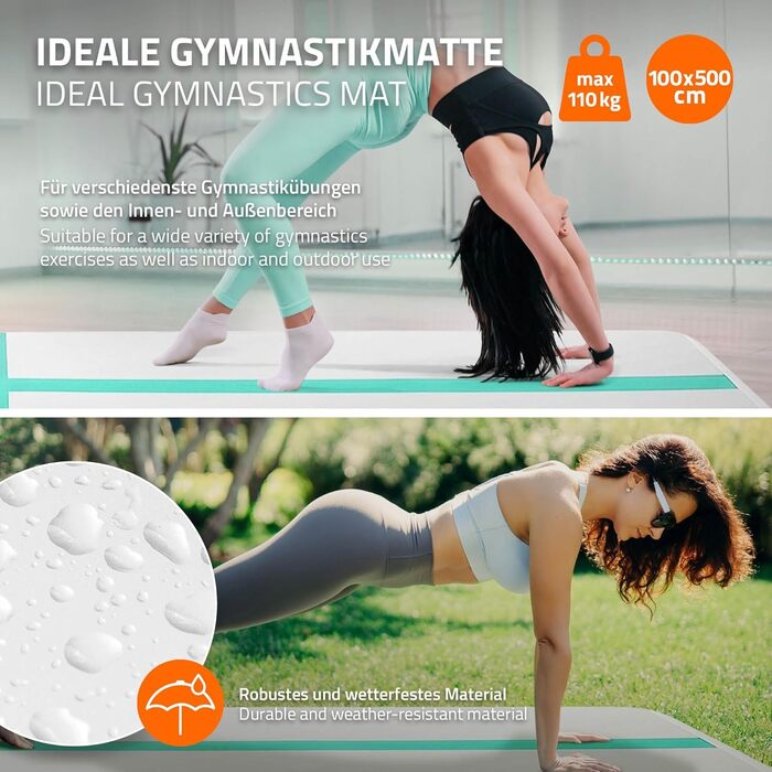 Гімнастичний мат Airtrack ECD Germany для тумблінгу та фітнесу, надувний мат для гімнастики 500x100x10 см, м'ятно-зелений, з електричним насосом та сумкою