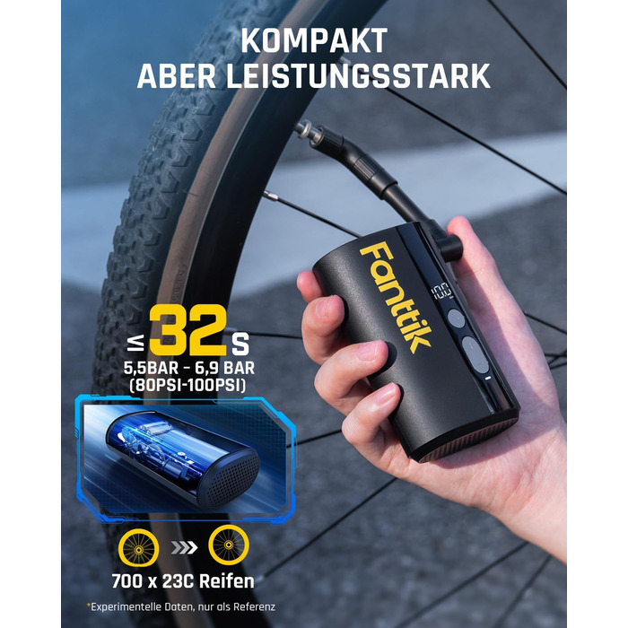 Електрична велосипедна помпа Fanttik X9 Ace Mini, акумуляторна, 150 PSI, швидке накачування, для Presta і Schrader вентилів, підходить для шосейних, гірських, електровелосипедів та міських велосипедів