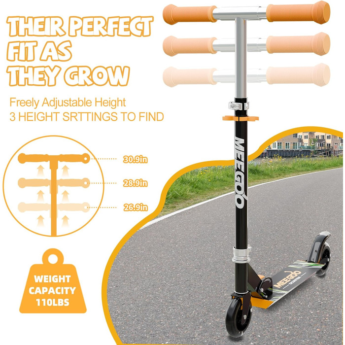 MEE GOO Роликовий самокат для дітей з алюмінію, складний, 3 регульовані висоти, LED колеса, чорний