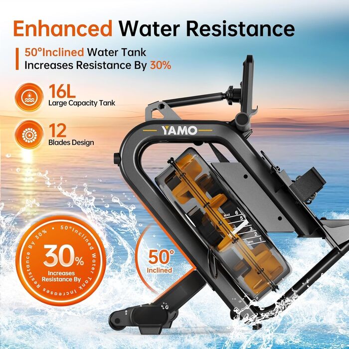 Гребний тренажер YAMO YR40 - жовтий, 16л, 6 рівнів опору, LCD, Bluetooth, Kinomap, 158кг