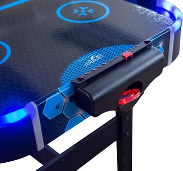 Airhockey стіл Aurora-XT від Carromco – великий стіл для аір-хокею з LED підсвіткою для дітей та дорослих від 7 років, 131x62x79 см, з LED шайбами та пушером, блок живлення