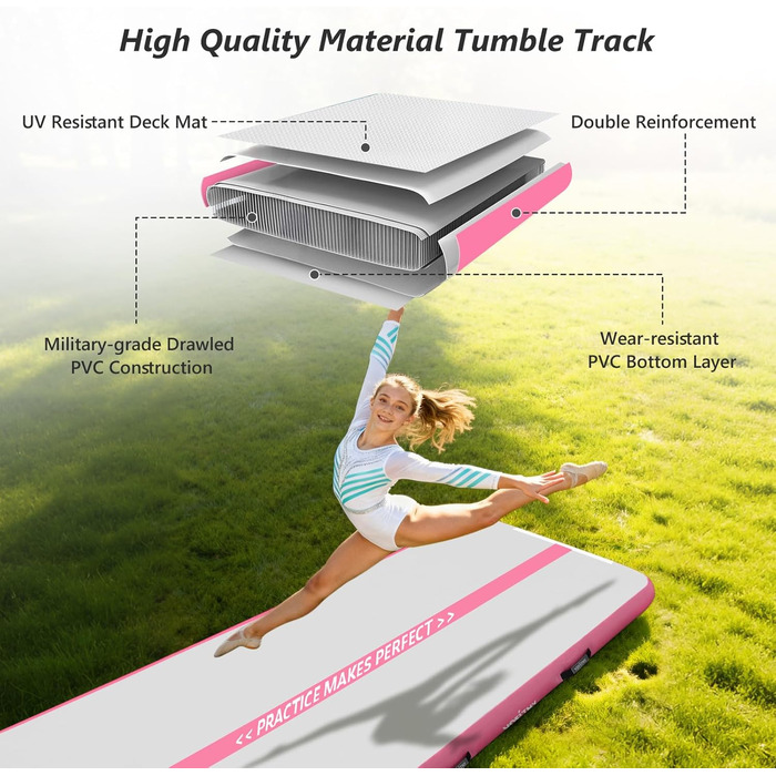 Надувна гімнастична мат для тренувань VOFiTNY (10/20 см товщина, 3/4/5/6 м довжина) для дому, парку та йоги (рожева)
