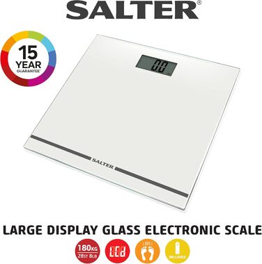 Електронна скляна вага для ванної Salter 9205 WH3R, велике LCD-дисплей, максимальна вага 180 кг, автоматичне вмикання, біла