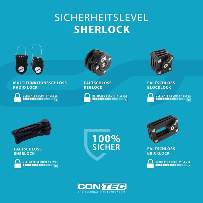 CONTEC велосипедний складаний замок SherLock, міцна сталева конструкція Tredur, 85 см з кріпленням, реверсивний ключ і захист від випадкового випадання, чорний