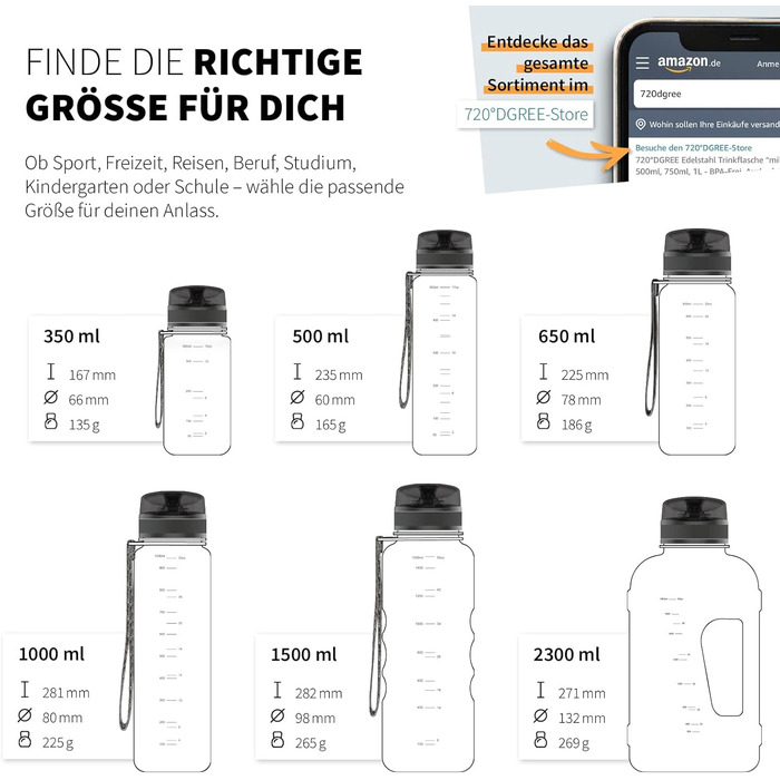 Спортивна пляшка для води 1л 720°DGREE 'uberBottle' з контейнером для фруктів - Tritan, BPA-Free, Softtouch, для спорту, фітнесу, велосипеду, універу, активного відпочинку. Чорний колір, 1000 мл