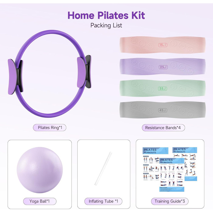 Комплект для пілатесу: кільце, стрічки опору (15-45 lbs), фітнес-м'яч, для дому, сили, гнучкості, стабільності та підтяжки