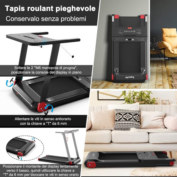 Електрична бігова доріжка COSTWAY, складна, з Bluetooth, 12 програм, LED-дисплей, тримач для пристрою, керування через додаток, швидкість 1-12 км/год, червона