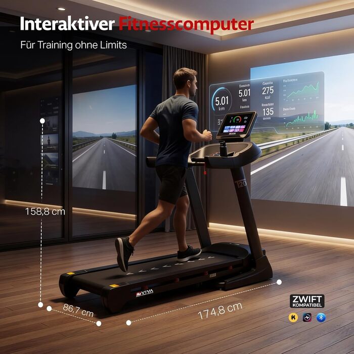 Бігова доріжка AsVIVA T20 Pro для дому: складана, швидкість до 18 км/год, нахил 20%, амортизація, макс. вага 150 кг, тренажер для кардіо та витривалості