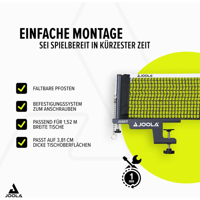 Сітка для настільного тенісу JOOLA Avanti – регульована висота, металева сітка, швидкий монтаж, темно-сірий колір
