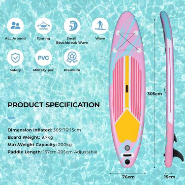 SUP дошка для веслування 305x76x15 см, Stand Up Paddle Set, Преміум Комплектація, для дорослих та підлітків, до 200 кг