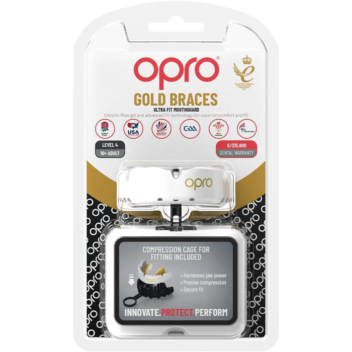 Захисна капа OPRO Gold для брекетів та спорту, для дорослих, з інноваційною технологією підгонки, для боксу, лакросу, ММА, єдиноборств, хокею та всіх контактних видів спорту, біло-золота