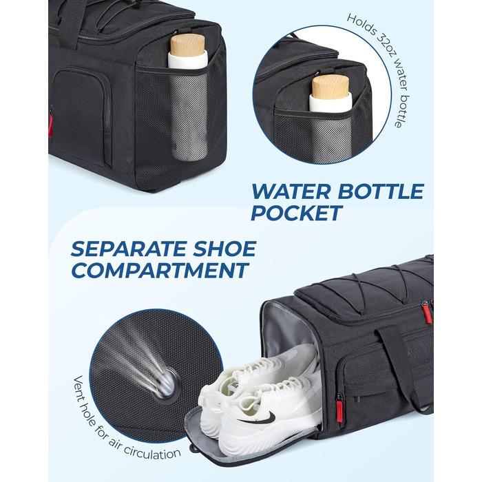 BAGSMART спортивна сумка для жінок і чоловіків з відділенням для взуття та вологих речей, водонепроникна тренувальна сумка для фітнесу, подорожей, плавання, активного відпочинку, чорна